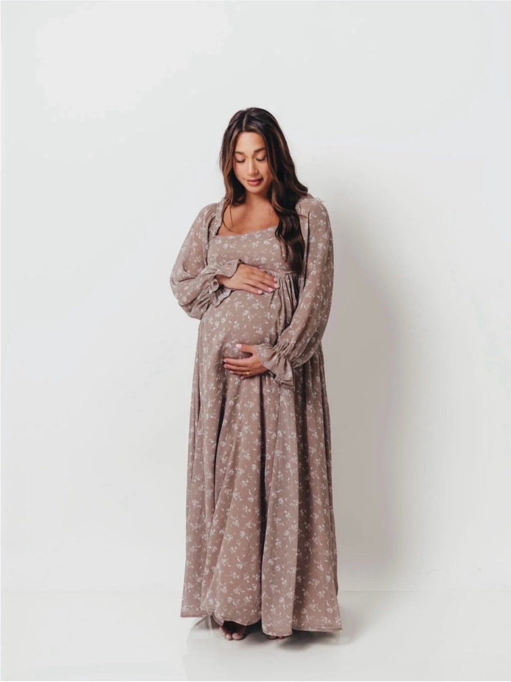 Amy Floral Long Sleeve Maxi Dress in Mocha Multi - Medium (Bump Friendly)